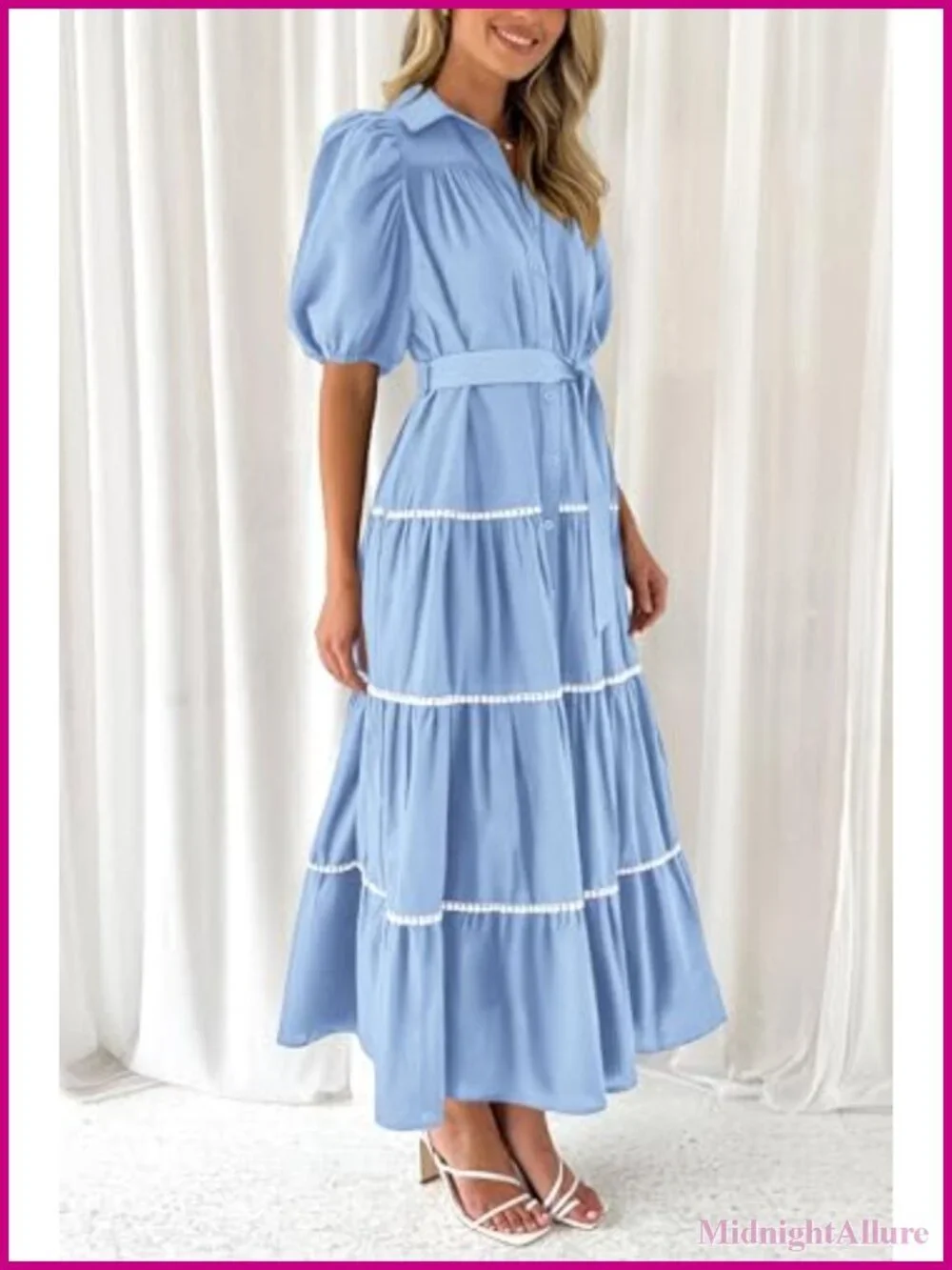 Women's Maxi Shirt Dress Summer Tiered Button Down Puff Sleeve Flowy Fit & Flare